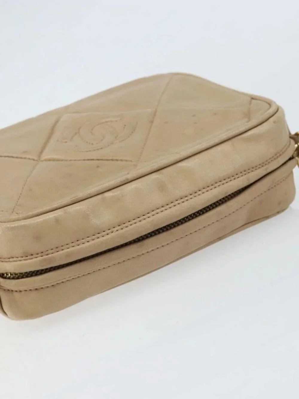 CHANEL Matelasse Chain Shoulder Bag Lamb Skin Beige Gold CC Auth gh1759